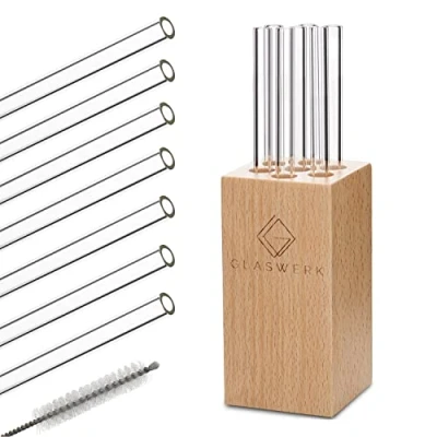 Imagen de GLASWERK Salizzada Pajitas Reutilizables de Vidrio, Elegante Soporte Madera Haya, Libres BPA, Extremos Redondeados, Limpia Incluido, Aptas Lavavajillas, 7 15 cm largo