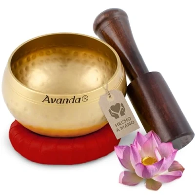 Imagen de Juego de Cuenco tibetano para yoga, meditación y relajación martillado Ø 8 cm, mazo madera mango cojín anular rojo