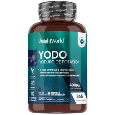 Imagen de Yodo Suplemento 400 mcg 365 Comprimidos de Yoduro Potasio Contribuye a las Tiroides, Sistema Nervioso y Piel por 1 Año Completo Alta Biodisponibilidad, Vegano, Sin Gluten OGM