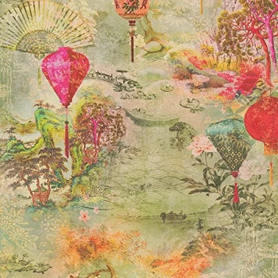 Imagen de Papel pintado Japones Asian Fusion A.S. Création tejido no 10.05 m x 0.53 Verde Rojo Beige Fabricado en Alemania 374661 37466 1