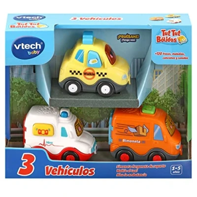 Imagen de VTech TutTut Bólidos Pack de 3 Coches con botón Sorpresa, Walkie el Taxi, Simoneta la Furgoneta y Nina Ambulancia, Versión ESP