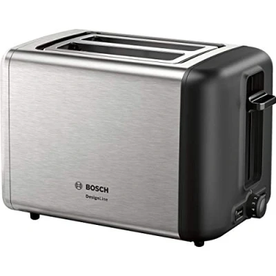 Imagen de Bosch DesignLine TAT3P420DE Tostadora compacta de acero inoxidable, con función descongelación, perfecta para 2 rebanadas, elevación, 970 W, inoxidable/negro