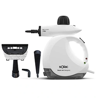 Imagen de Solac Limpiador a Vapor de Mano Steam Jet 1200W Vaporeta 3 Bar 30g/min 175ml con deposito gel hidroalcohólico Multiusos Tapicería Coche, Hogar, Cocinas, Alfombras, Cristales, Sofá