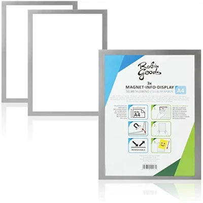 Imagen de Robin Goods® 3X Marco de información A4 portadocumentos Autoadhesivo con Cierre magnético (03 Piezas Color Plata)