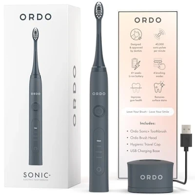 Imagen de Cepillo de Dientes Eléctrico Ordo Sonic Tecnología Inteligente Avanzada con 4 Modos Cepillado Batería Recargable Rápida y Elemento Pulido Silicona Cargador USB Para Adultos Negro Gris Carbón
