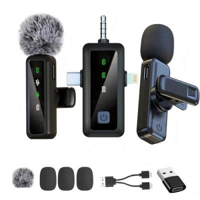 Imagen de kinmaizi Micrófono de solapa inalámbrico 3 en 1 para iPhone, Android y iPad, ideal grabación video, streaming, entrevistas, vlogs, TikTok YouTube.