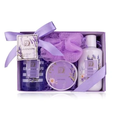 Imagen de Accentra Set de ducha para mujer LAVENDEL en bonita caja cuidado 4 piezas con gel ducha, loción corporal, manteca corporal y esponja red regalo San Valentín Día la Madre