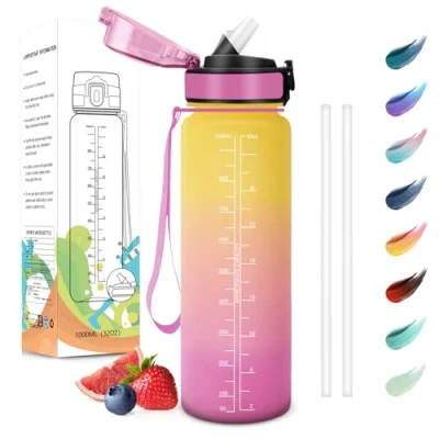 Imagen de Motswedi Botella Agua 1 Litro, Sin BPA, con Pajita, Reutilizable, Gimnasio, a Prueba de Fugas, Agua, Cantimplora para Gym, Yoga, Oficina, Escuela, Amarillo Rosa