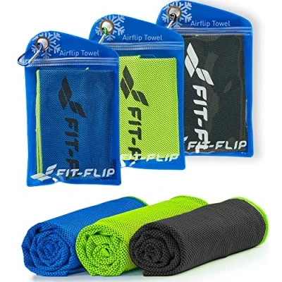 Imagen de Fit Flip Toalla de enfriamiento Set 3 Unidades 100 x 30 cm, refrescante, fría, Airflip Cooling Towel, Microfibra Color: Verde neón/Azul Oscuro/Gris, tamaño: 100x30cm
