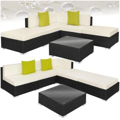 Imagen de TecTake® Conjunto Jardín en Ratán y Aluminio con Cojines de 10 cm, Terraza Resistente a la Intemperie, Muebles Exterior 3 Sillones, 1 Puf, Mesa Cristal, Fundas Extraíbles Negro