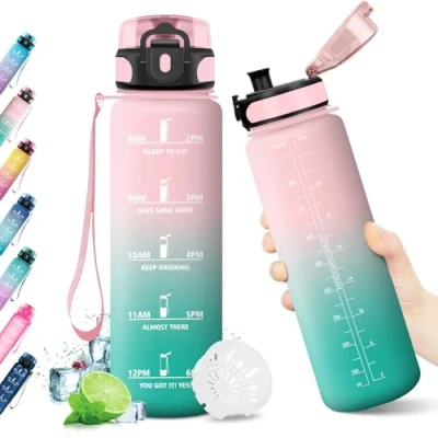Imagen de KollyKolla Botella Agua 1L, Gimnasio Deporte, Cantimplora Infantil, Prueba de Fugas, sin BPA, Reutilizable, Garrafa para Adulto, Niños, Colegio, Camping, Oficina, Bicicleta