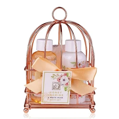 Imagen de Accentra Set de regalo para mujer HONEY JASMINE en una bonita cesta alambre cuidado 3 piezas con gel ducha y loción corporal bienestar cumpleaños o Navidad