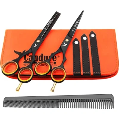 Imagen de Candure 5.5&quot; Tijeras de peluquería profesional Deep Negro Tornillo Fijar pelo del corte peluquero y salón adelgazamiento Set
