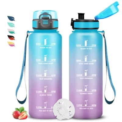 Imagen de Botella Agua, Agua 1.5 litros con Marca de Tiempo, Cantimplora Infantil Deporte, a Prueba Fugas, Fácil Transportar, para Oficina, Camping, Viajar, Gym, Bicicleta, Running