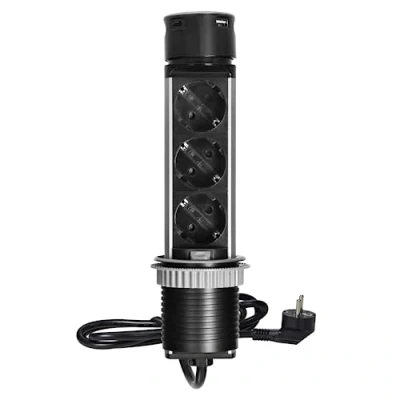Imagen de Miratic Regleta Enchufe Empotrable Ø6cm con Cargador USB y Cable de 1,5m 3x2P+E (Schuko), 2xUSB (Tipo A Tipo C), INOX