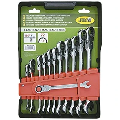Imagen de JBM 51318 Pack de 12 Llaves combinadas articuladas con trinquete