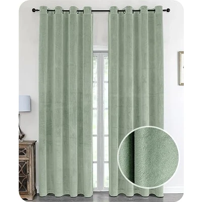Imagen de BEAUTEX Cortina de terciopelo opaca, con ojales, terciopelo, 140 x 145 cm (ancho cm, alto color verde claro)