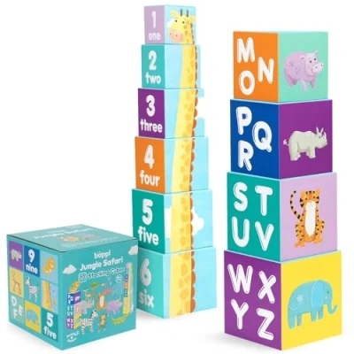 Imagen de boppi Bloques apilables para bebés, Juguetes de Animales Safari la Selva con Letras y números, Cubos Montessori niños pequeños, Aprendizaje Preescolar