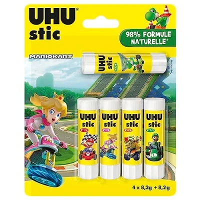 Imagen de UHU Stic Mario Kart Palitos de pegamento sin disolventes, blanco, Kart, lote 4+1 stics 8,2 g