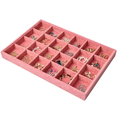 Imagen de 24 Rejillas Bandejas Joyas de Terciopelo para Cajón, Apilables Organizador Bandeja Almacenamiento, Extraíbles Exhibición Joyería Anillo Pulsera Pendiente Collar, 35x24x3cm (Rosa)