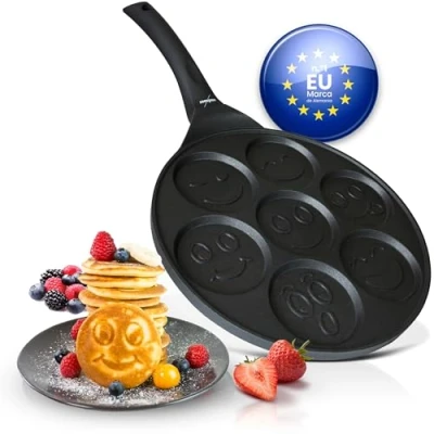 Imagen de endusor Sartén tortitas y pancakes para niños con motivo smiley Sarten (26cm) 7 hoyos protección antiadherente Todo tipo de cocinas e inducción divida panquecas