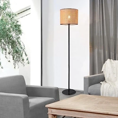 Imagen de lux.pro Lámpara de pie Salón Despacho Dormitorio Pantalla Beige Ratán 1xE27 60 W Metal y Plástico 154 x Ø 30 cm Negro/Beige