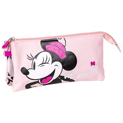 Imagen de Estuche de Triple Compartimento Minnie Mouse Color Rosa 22,5x2x11,5 cm Fabricado con 100% Poliéster Estampado Producto Original Diseñado en España