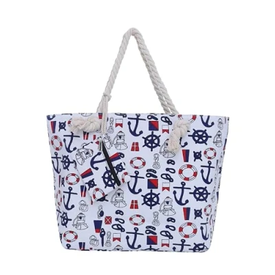 Imagen de DonDon bolsa de playa grande con cremallera 58 x 38 18 cm diseño marítimo barco blanco azul rojo shopper hombro estilo yate (yacht style)