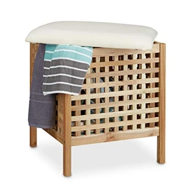 Imagen de Relaxdays Taburete Baño Almacenaje, Madera Nogal, Banqueta Ropa Sucia, Asiento con Cojín, 52 x 49 cm, Color Natural, Lino, 49.0x49.0x52.0 cm