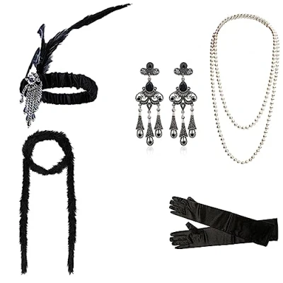 Imagen de DRESHOW 1920s Accesorios Set Años 20 Fiesta Disfraz Gran Gatsby Diadema Collar Guantes Pendientes para Mujeres