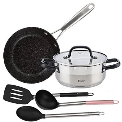 Imagen de Set de Cacerola 20x8.5 cm con tapa, acero inox+ Sarten 20x5cm aluminio forjado apta para inducción + 3 utensilios cocina nylon SAN IGNACIO VITA