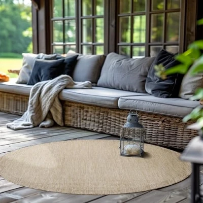 Imagen de SIMPEX Alfombra Exterior Redonda para Terraza, Balcón y Jardín, de Cocina Diseño Liso, Resistente a la Intemperie, Lavable Colores Beige, 120 cm