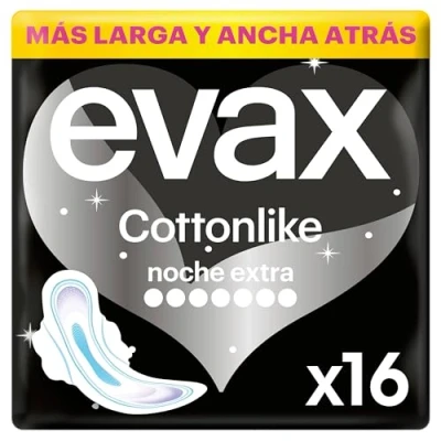 Imagen de Evax Cottonlike Compresas Noche Extra Con Alas, 16 Unidades, Hasta 100% de noches limpias