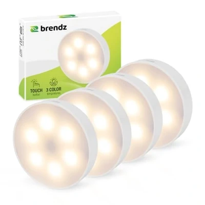 Imagen de Brendz Luz LED Redonda para Armarios, Control Táctil, Recargable USB C, Regulable, Magnética, 4 piezas, 3 Temperaturas de Color, Armario, Lampara