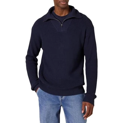 Imagen de Amazon Essentials Jersey Holgado de Punto Acanalado con Cremallera Corta Hombre, Azul Marino, XS