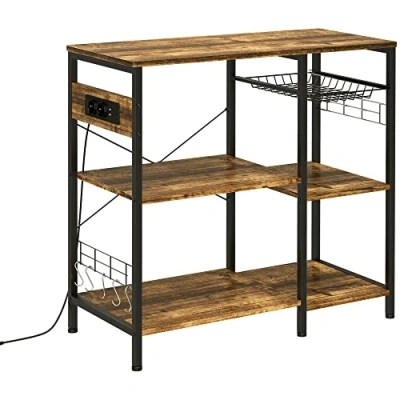 Imagen de HOMCOM Estantería de Cocina Industrial Estante con Toma Corriente Estantes Ajustables Ganchos y Cesta Metálica 90x40x83 cm Marrón Rústico