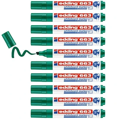 Imagen de edding 363 marcador para pizarras blancas verde 10 rotuladores punta biselada 1 5 mm rotulador pizarra blanca, borrado en seco flipchart, tablón de notas recargable
