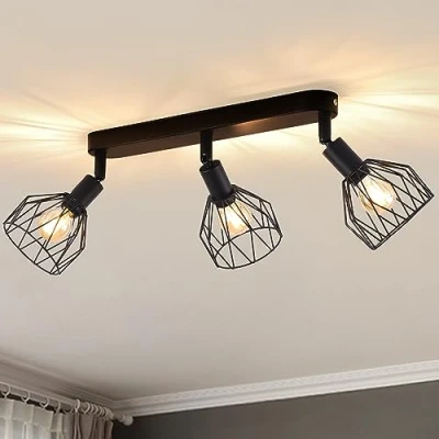 Imagen de ANWIO Lámpara Techo Focos, 3 Focos Led Interior Base E14, Apliques Negro con Rectangular, Giratorios Plafón Foco de LED(Sin Bombillas).