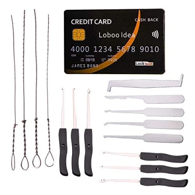Imagen de Loboo Idea Herramientas de selección cerradura cerrajería 15 piezas Incluye juego tarjeta crédito 5 y kit extractor llave rota 10