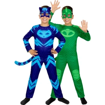 Imagen de Funidelia Disfraz de Gatuno y Gekko reversible Pj Masks para niño Dibujos Animados niños divertidos accesorios Fiestas, Carnaval Halloween Talla 3 4 años Azul