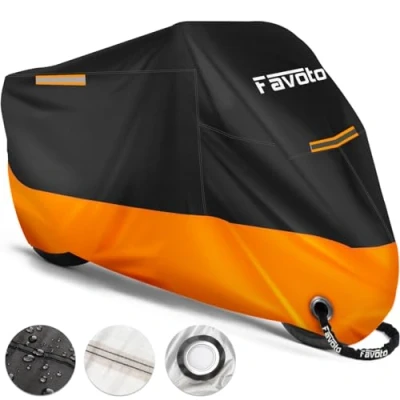 Imagen de Favoto Funda para Moto Cubierta de 210D Impermeable Protectora con Banda Reflectante a Prueba Sol Lluvia Polvo Viento Nieve Excremento Pájaro al Aire Libre, 245x105x125cm Negro+Naranja