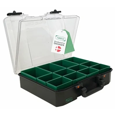 Imagen de raaco CarryLite 80 4x8 12: Caja Organizadora Premium para Taller con Tapa Sandwich, 12 Compartimentos, Maletín Piezas Pequeñas, Capacidad Carga 10 kg, Almacenamiento Seguro, 33,7 x 27,8 8,2 cm