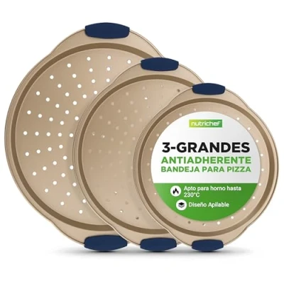 Imagen de NutriChef Bandejas para pizza, Set de 3, Tamaños pequeño, mediano y grande, Mango silicona, Redonda antiadherente, Acero con agujeros perforados