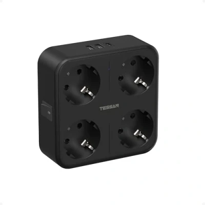 Imagen de TESSAN Ladron Enchufes Plano con USB C, 4000W Enchufe Multiple 4 Tomas CA, 7 en 1 Interruptor, Ladrón 3 para Hogar, Oficina, Compatible Teléfonos, Tabletas, Negra