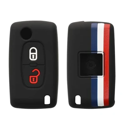 Imagen de kwmobile Carcasa Compatible con Llavero de Peugeot Citroen Llave Coche Plegable 2 Botones Funda para Mando Silicona Azul/Rojo/Blanco