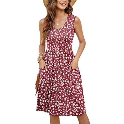 Imagen de MOLERANI Vestido de Mujer con Cuello en V, sin Mangas, Botones y Cintura Imperio, Bolsillos, Informal, para el Sol (Rojo Floral, 2XL)