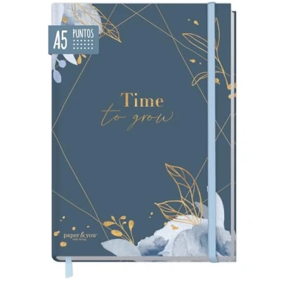 Imagen de paper&amp;you® Bullet Journal punteado A5 con banda elástica [Time to Grow Azul] 156 páginas cuaderno punteado, diario sostenible &amp; climáticamente neutro