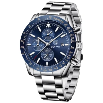 Imagen de BENYAR Relojes Hombre Cronografo Analógico Movimiento de Cuarzo Impermeable Luminoso Fecha Reloj Pulsera Banda Acero Inoxidable Negocios Casual Diseñador Elegante Regalo para