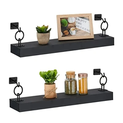 Imagen de Relaxdays Schwarzes Wandregal im 2er Set Juego de 2 Estantes Pared, Balda Flotante Decorativa, Repisa MDF y Metal, Pasillo, Salón, 13x48x12cm, Negro, Hierro, Unidades