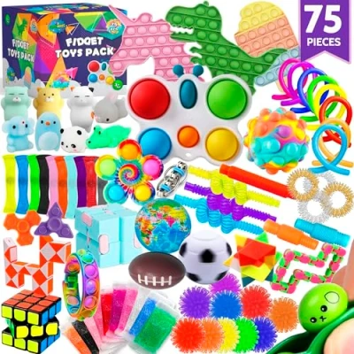 Imagen de Paquete de 75 juguetes antiestrés para niños, relleno piñata, recuerdos fiesta, premios aliviar el estrés en aula, bolsa regalo cofre del tesoro, recompensas con pop its